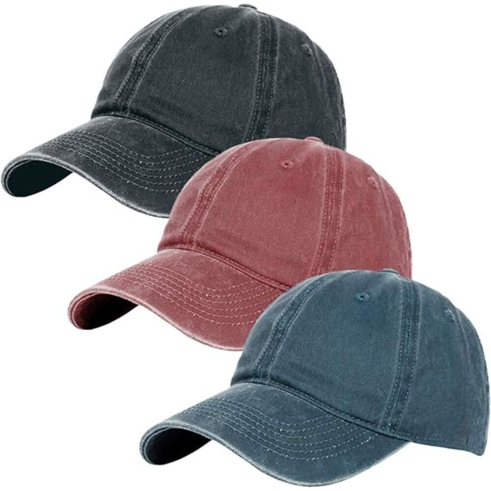 Unisex Red Wine&Navy Washed 100% Cotton Set Of 3 Adjustable Classic Baseball Hat